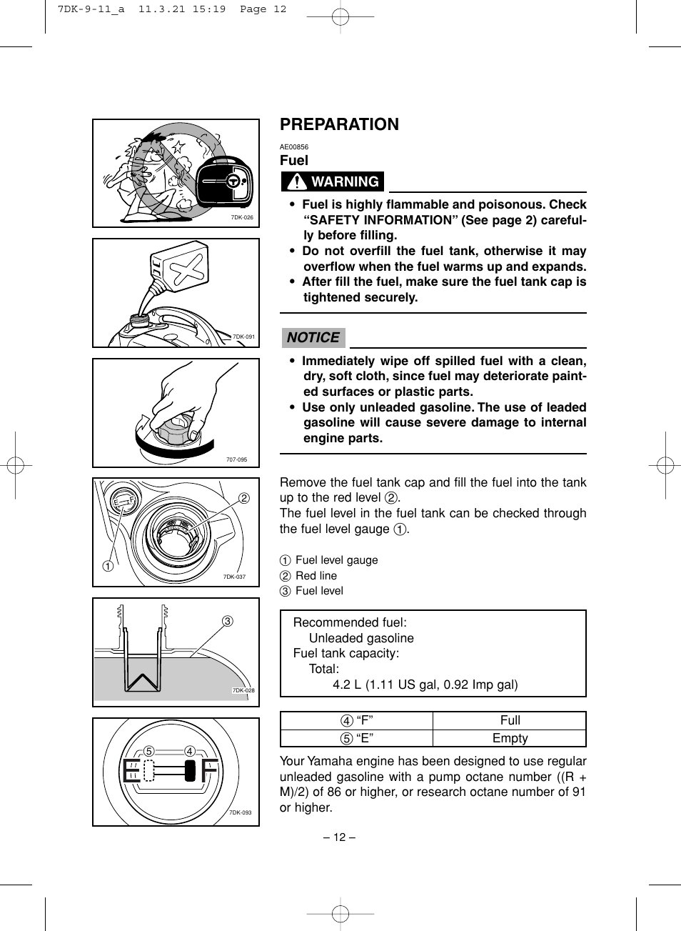 Preparation, Notice, Fuel | Warning | Yamaha ef2000is User Manual | Page 17 / 62