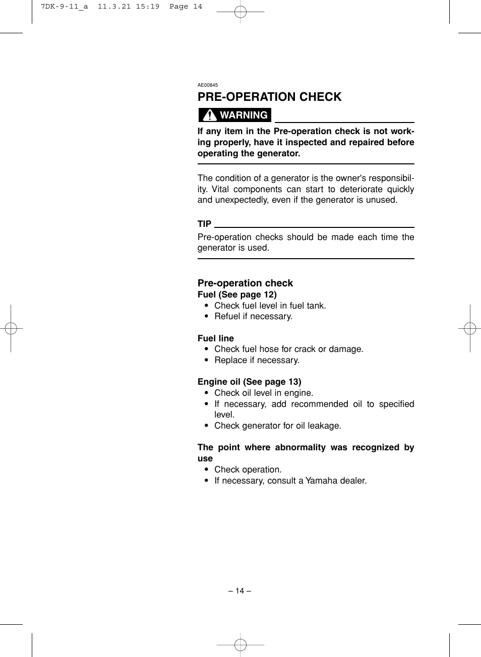 Pre-operation check | Yamaha ef2000is User Manual | Page 19 / 62