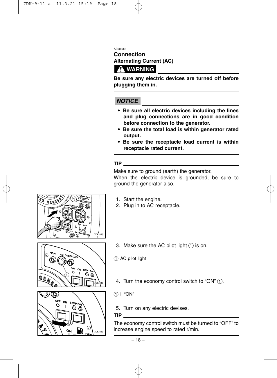 Notice, Connection, Warning | Yamaha ef2000is User Manual | Page 23 / 62