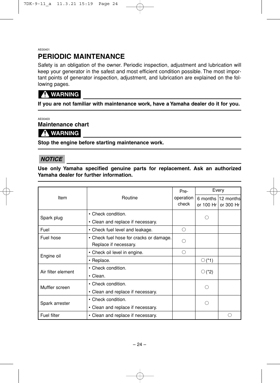 Periodic maintenance, Notice, Maintenance chart | Warning | Yamaha ef2000is User Manual | Page 29 / 62