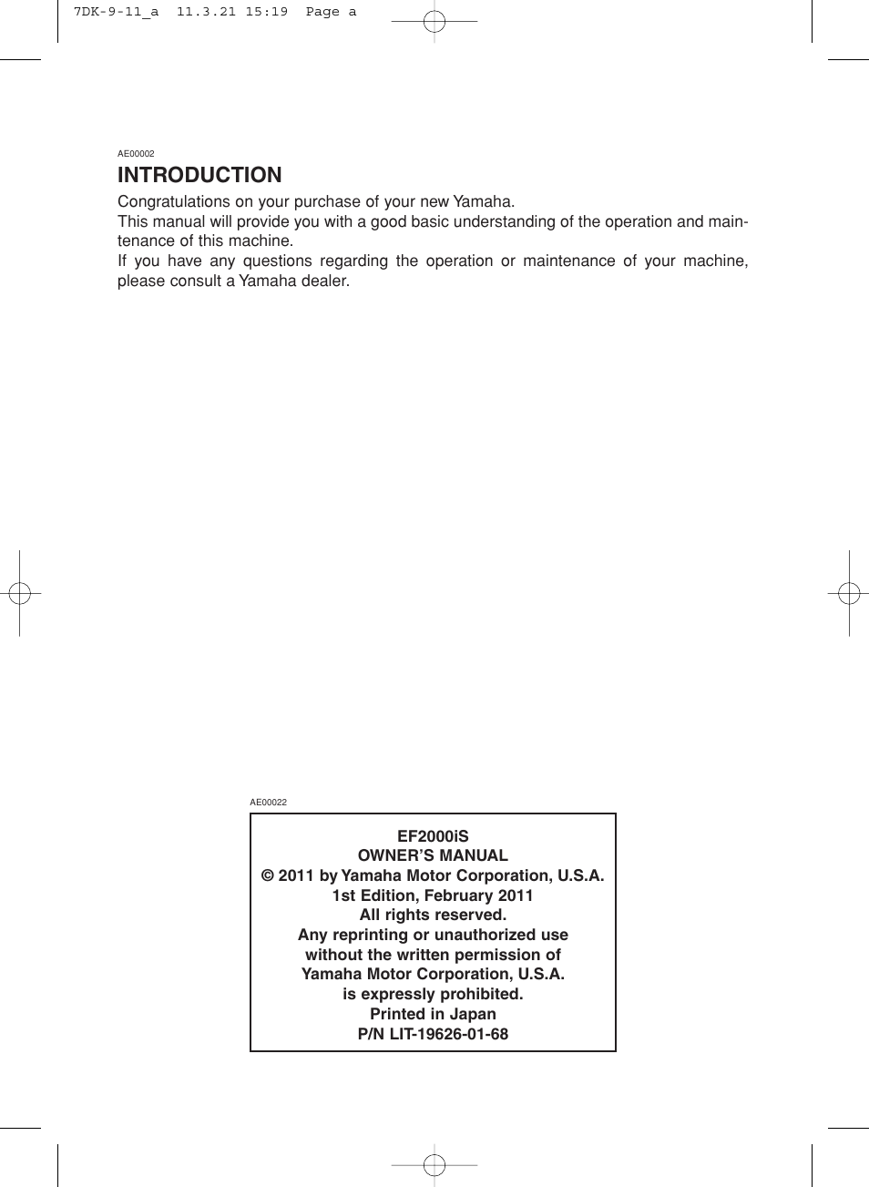 Introduction | Yamaha ef2000is User Manual | Page 3 / 62