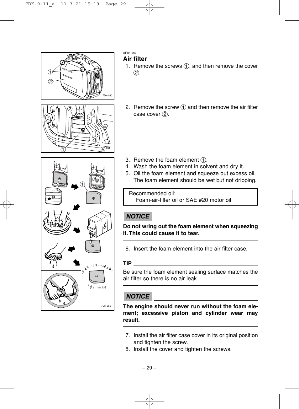 Notice, Air filter | Yamaha ef2000is User Manual | Page 34 / 62