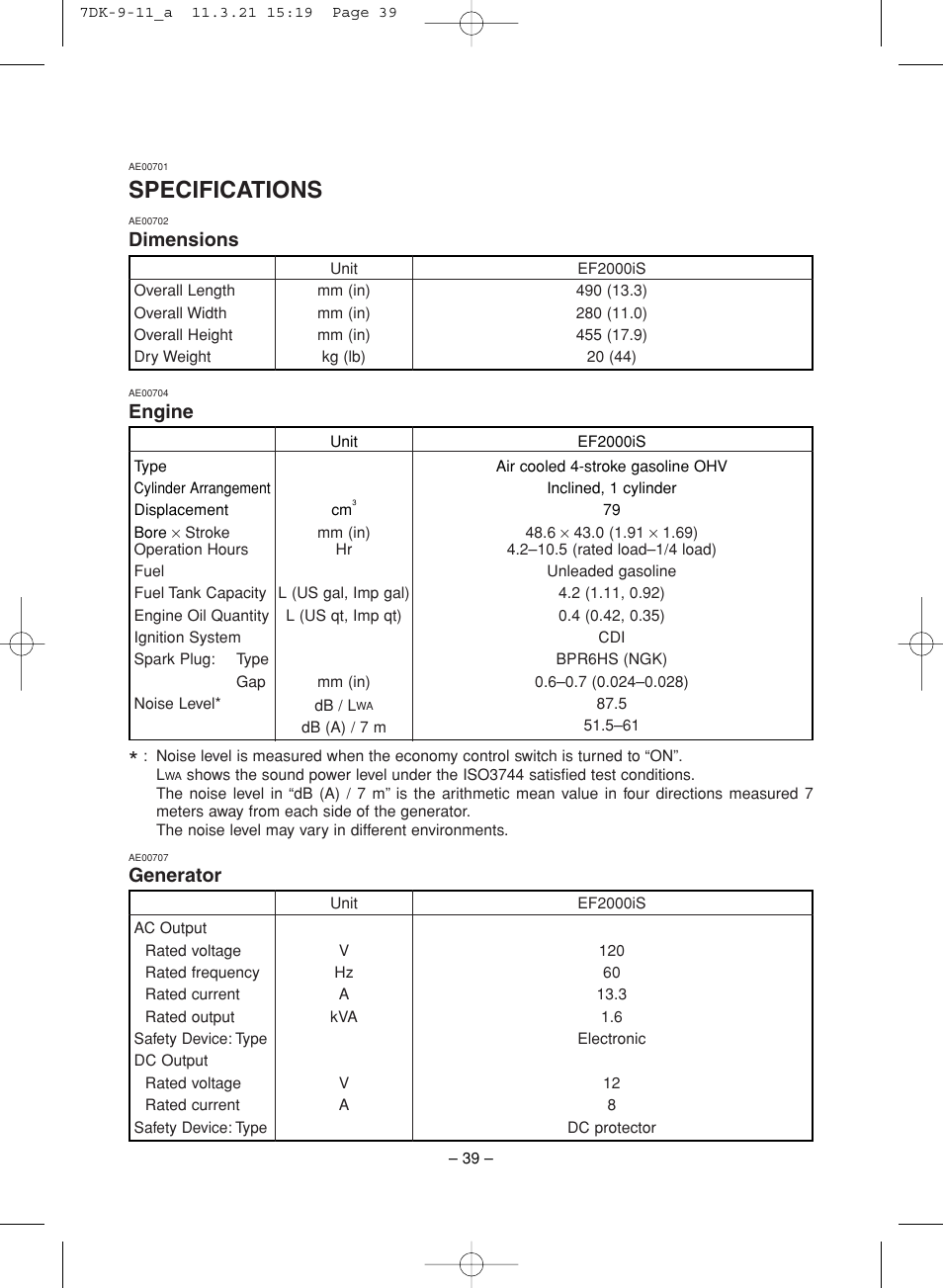 Specifications, Dimensions, Engine | Generator | Yamaha ef2000is User Manual | Page 44 / 62