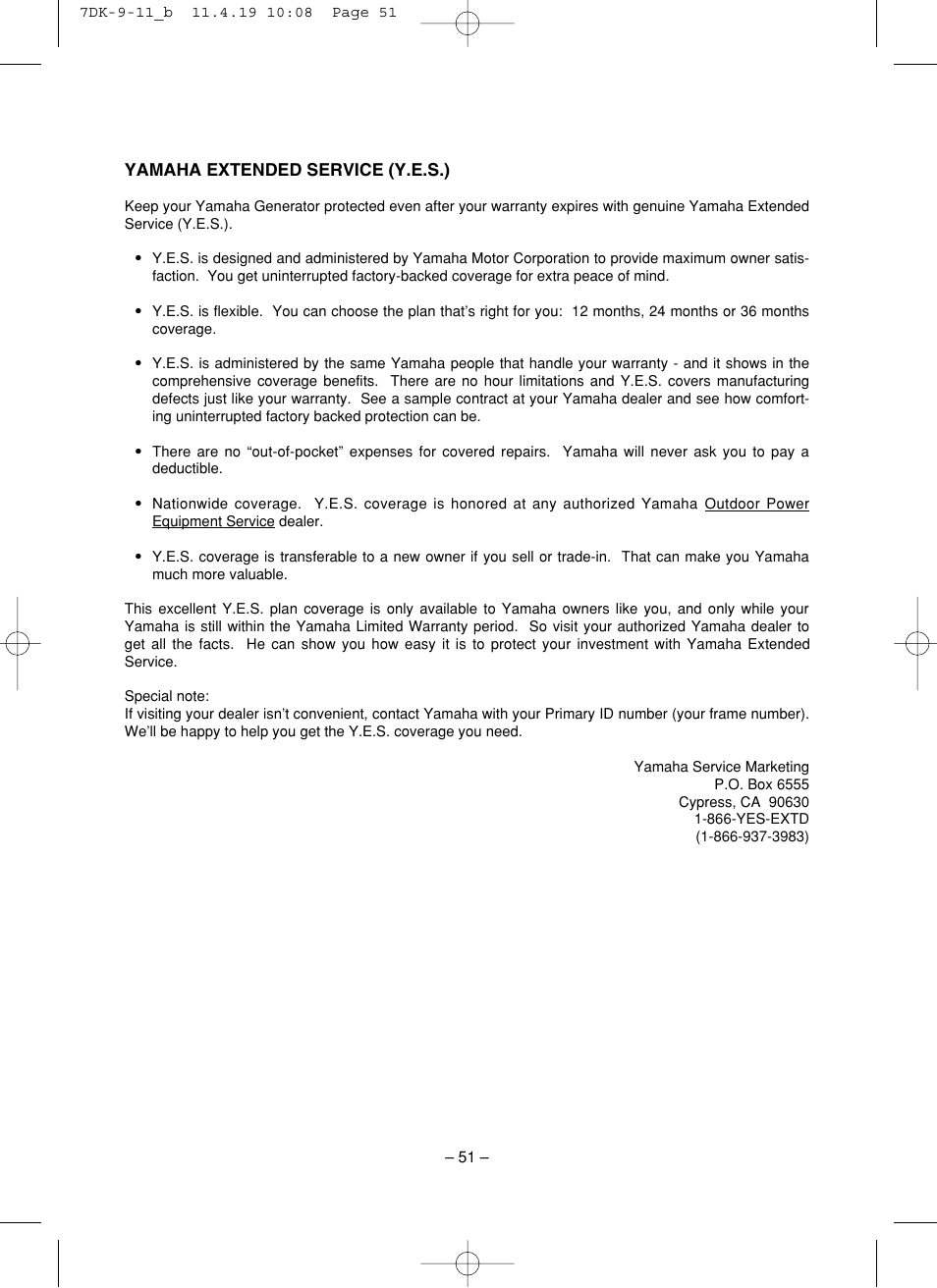 Yamaha extended service (y.e.s.) | Yamaha ef2000is User Manual | Page 56 / 62