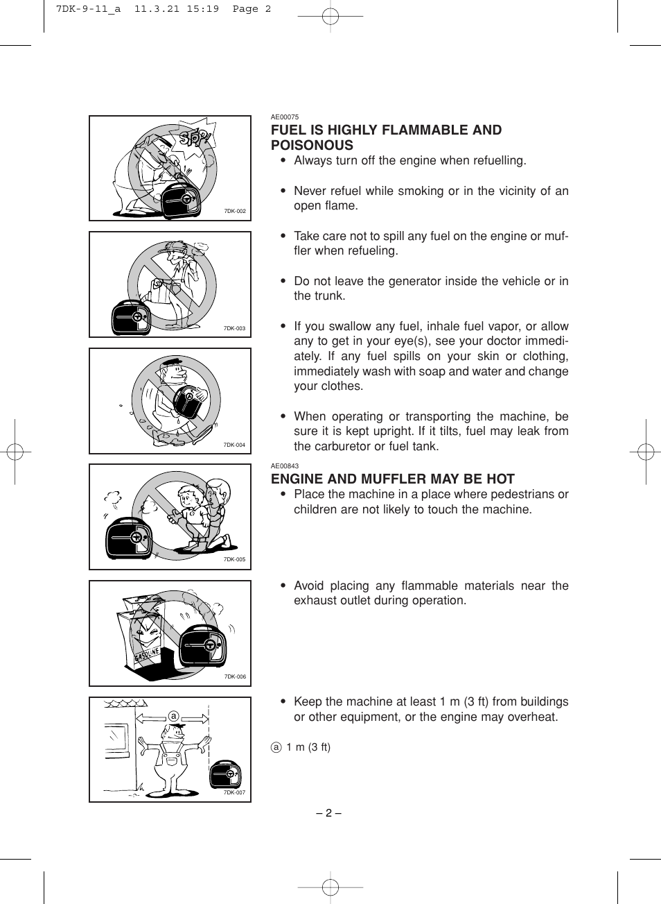 Engine and muffler may be hot, Fuel is highly flammable and poisonous | Yamaha ef2000is User Manual | Page 7 / 62