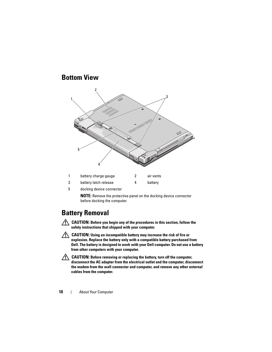 Bottom view, Battery removal, Bottom view battery removal | Dell Latitude E6400 User Manual | Page 10 / 70