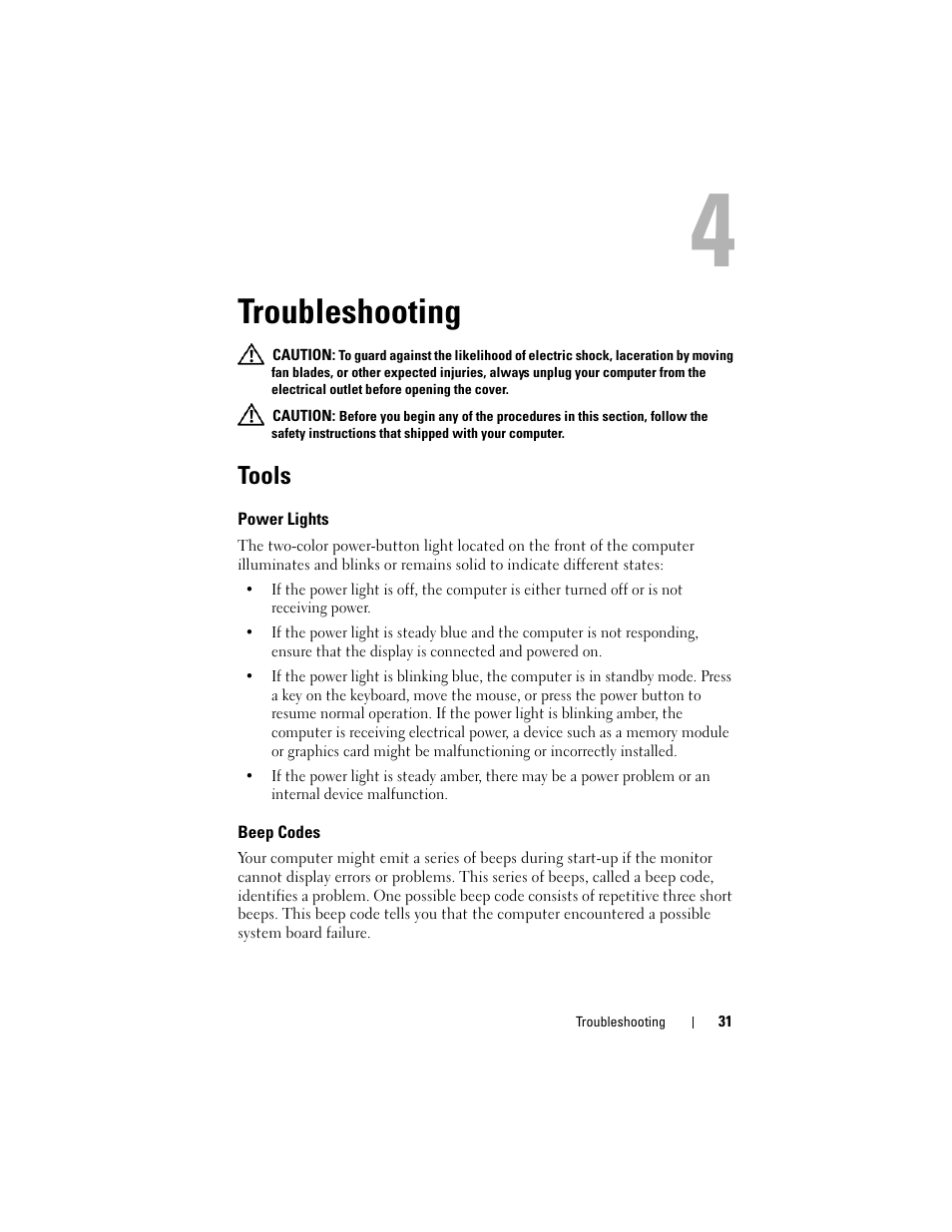 Troubleshooting, Tools, Power lights | Beep codes | Dell Latitude E6400 User Manual | Page 31 / 70