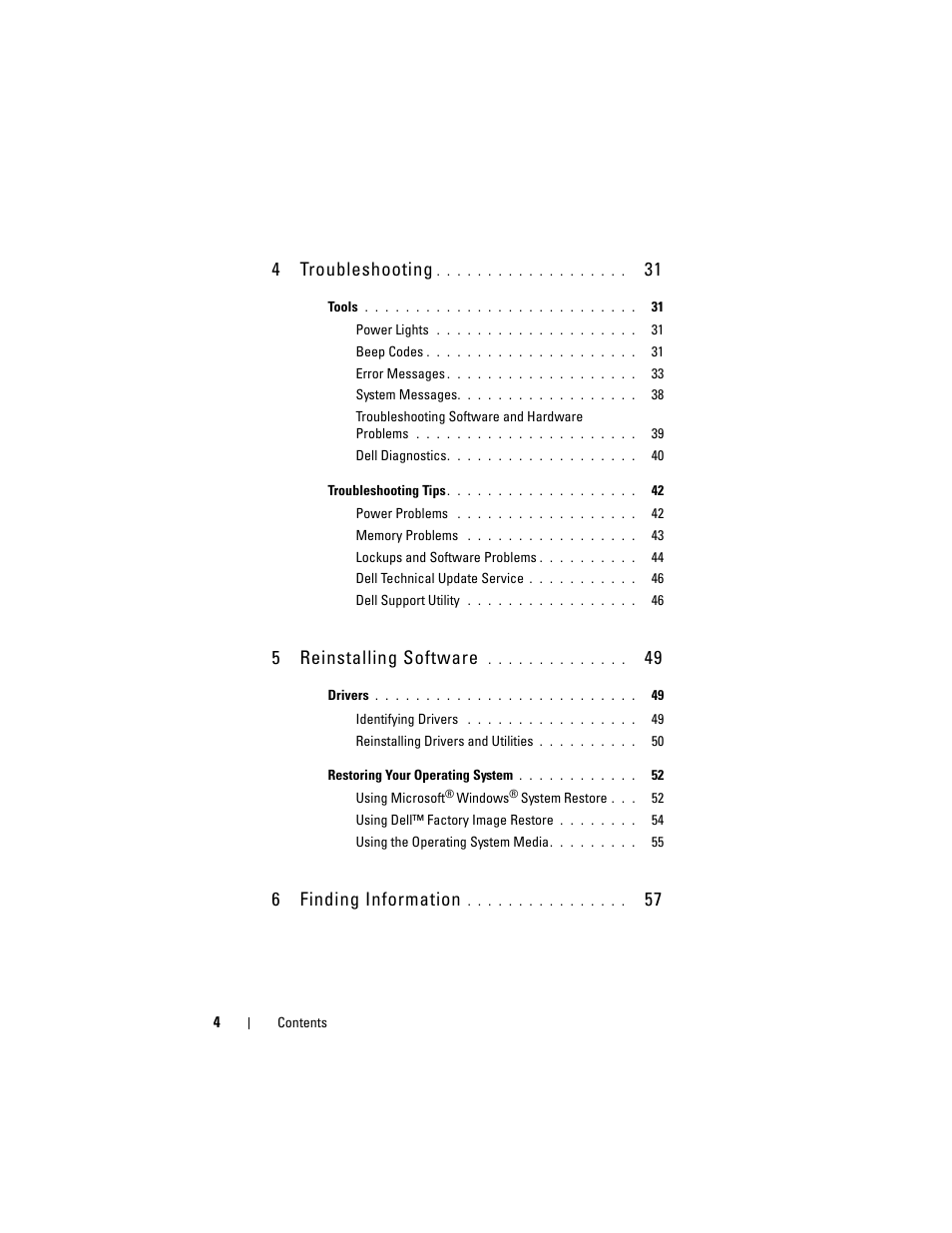 4 troubleshooting, 5 reinstalling software, 6 finding information | Dell Latitude E6400 User Manual | Page 4 / 70