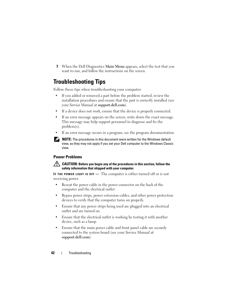 Troubleshooting tips, Power problems | Dell Latitude E6400 User Manual | Page 42 / 70