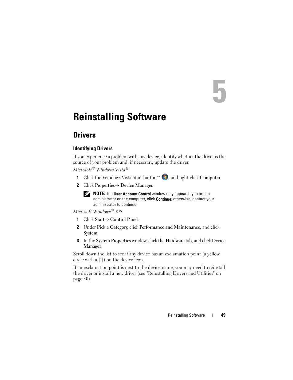 Reinstalling software, Drivers, Identifying drivers | Dell Latitude E6400 User Manual | Page 49 / 70