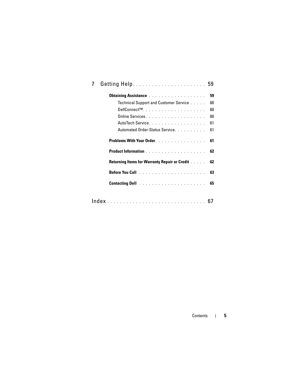 7 getting help, Index | Dell Latitude E6400 User Manual | Page 5 / 70