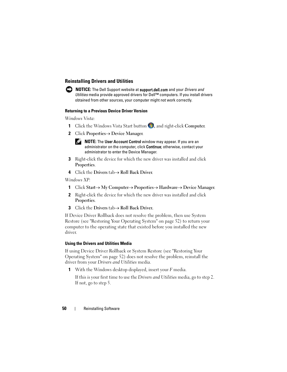 Reinstalling drivers and utilities | Dell Latitude E6400 User Manual | Page 50 / 70