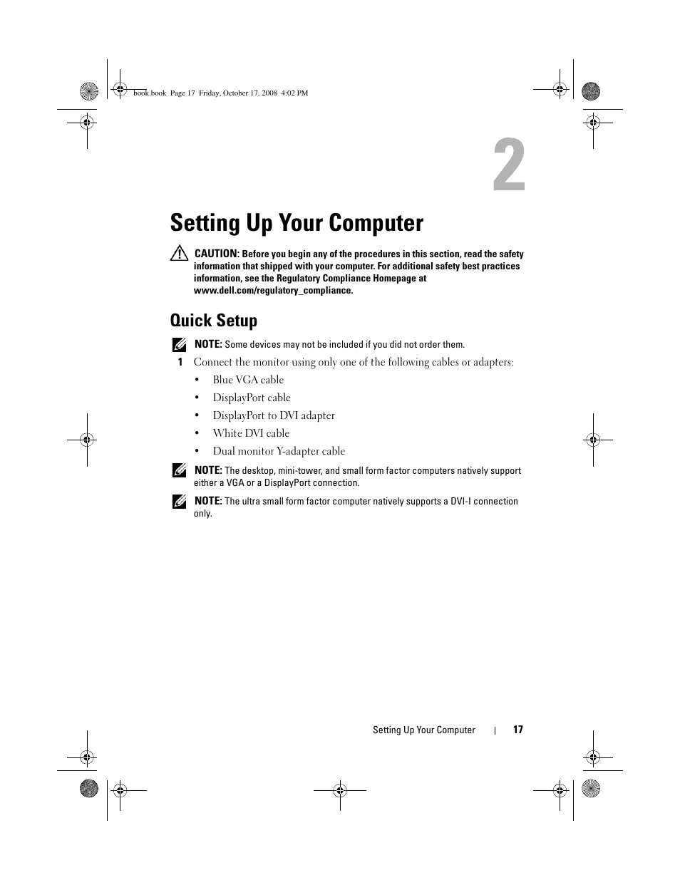 Setting up your computer, Quick setup | Dell OptiPlex 760 User Manual | Page 17 / 76