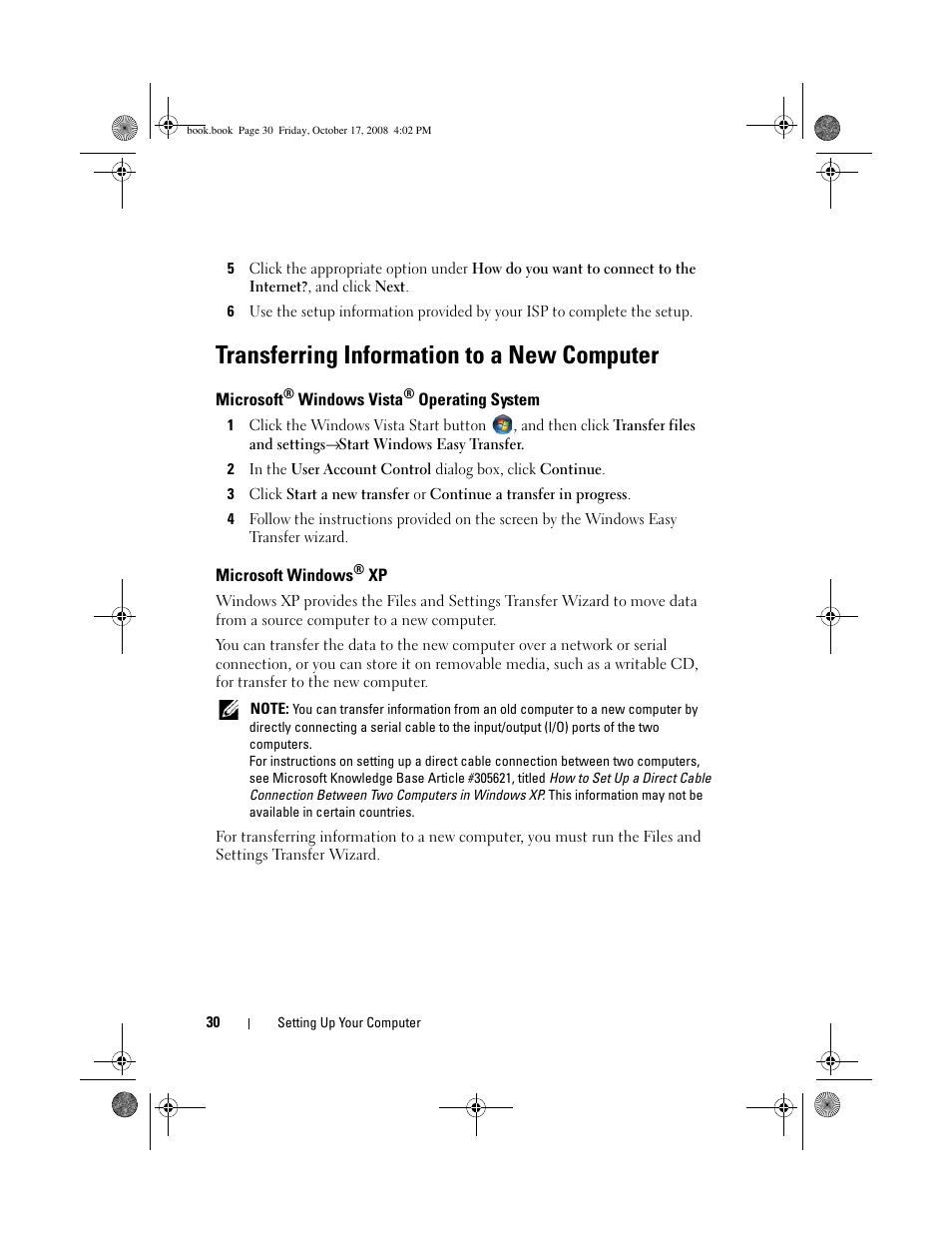 Transferring information to a new computer, Microsoft® windows vista® operating system, Microsoft windows® xp | Microsoft, Microsoft windows | Dell OptiPlex 760 User Manual | Page 30 / 76