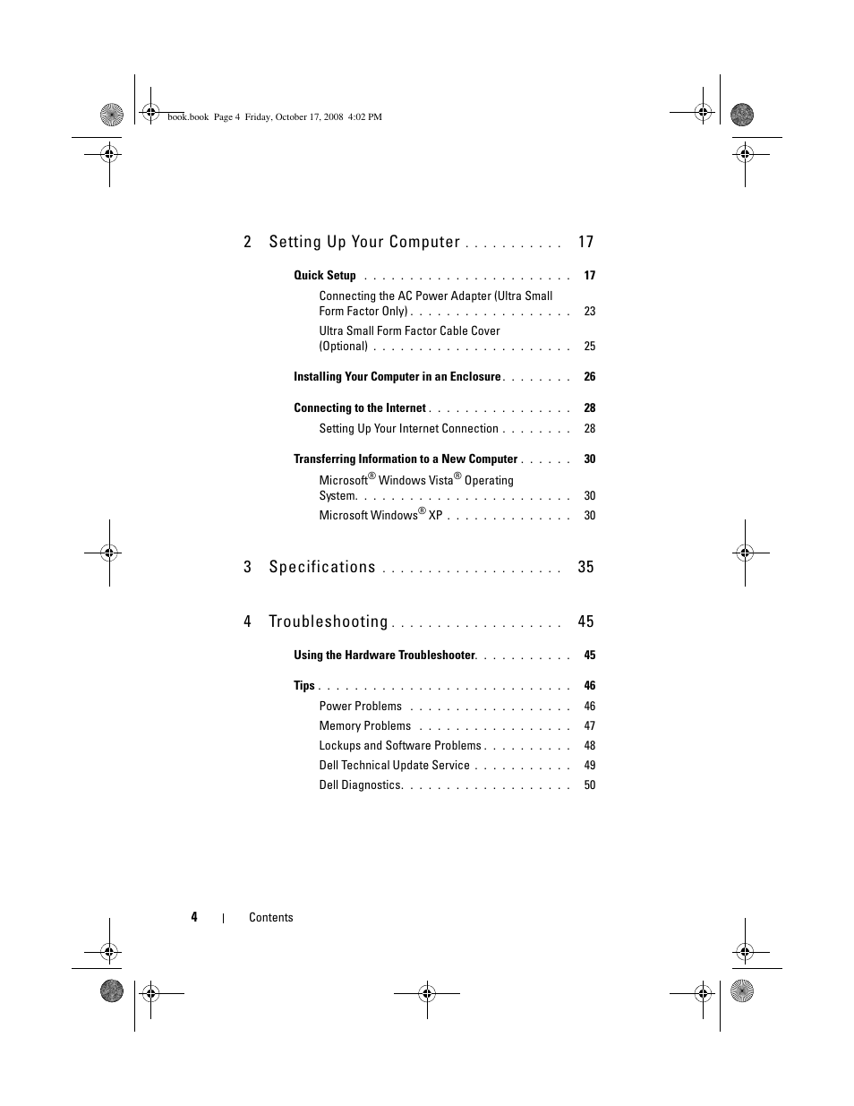 2setting up your computer, 3specifications, 35 4 troubleshooting | Dell OptiPlex 760 User Manual | Page 4 / 76