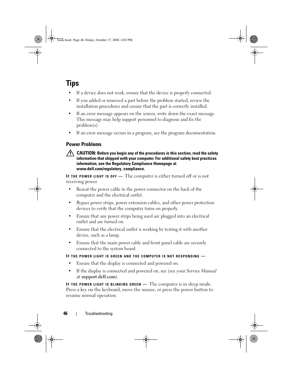 Tips, Power problems | Dell OptiPlex 760 User Manual | Page 46 / 76