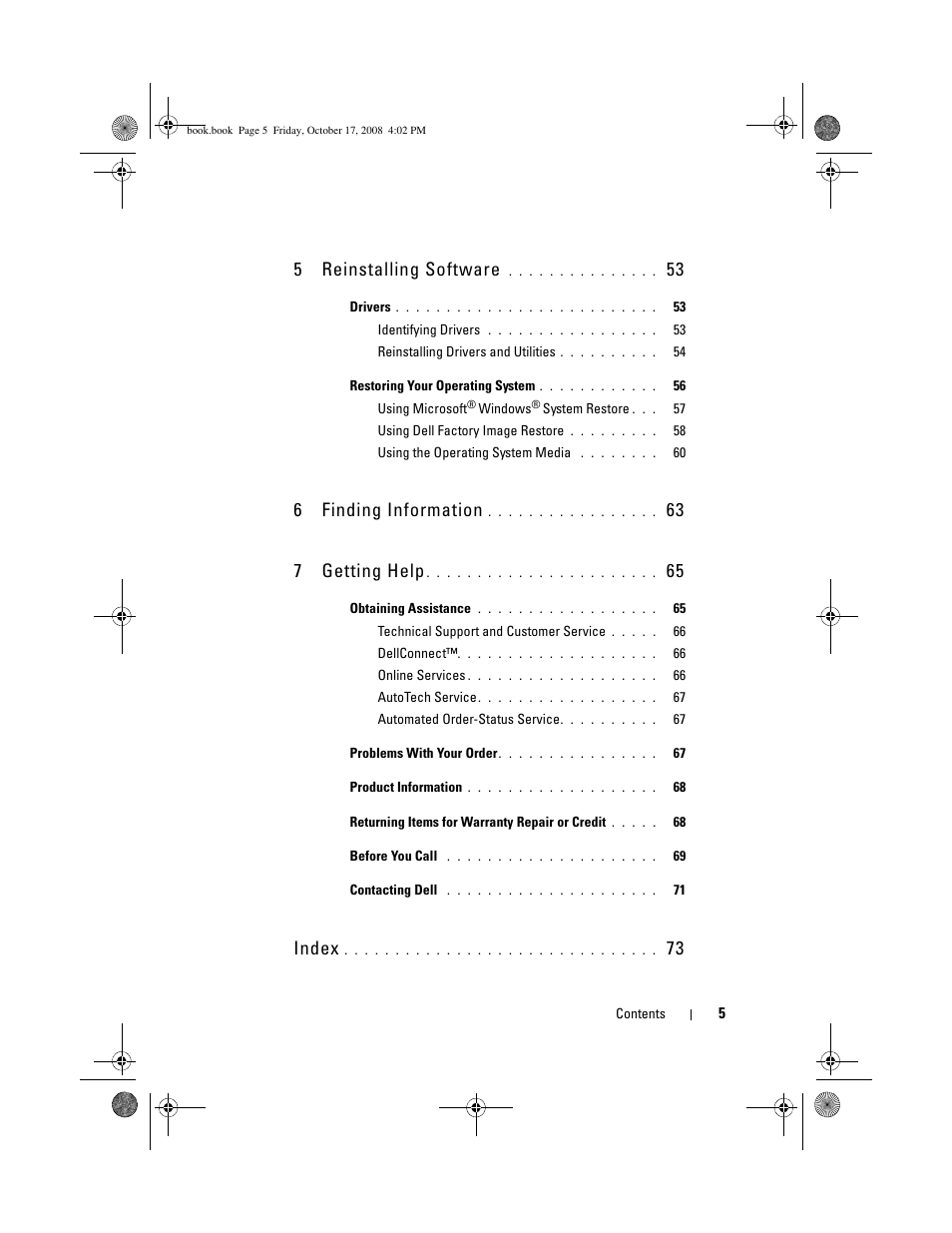 5reinstalling software, 6finding information, 63 7 getting help | Index | Dell OptiPlex 760 User Manual | Page 5 / 76