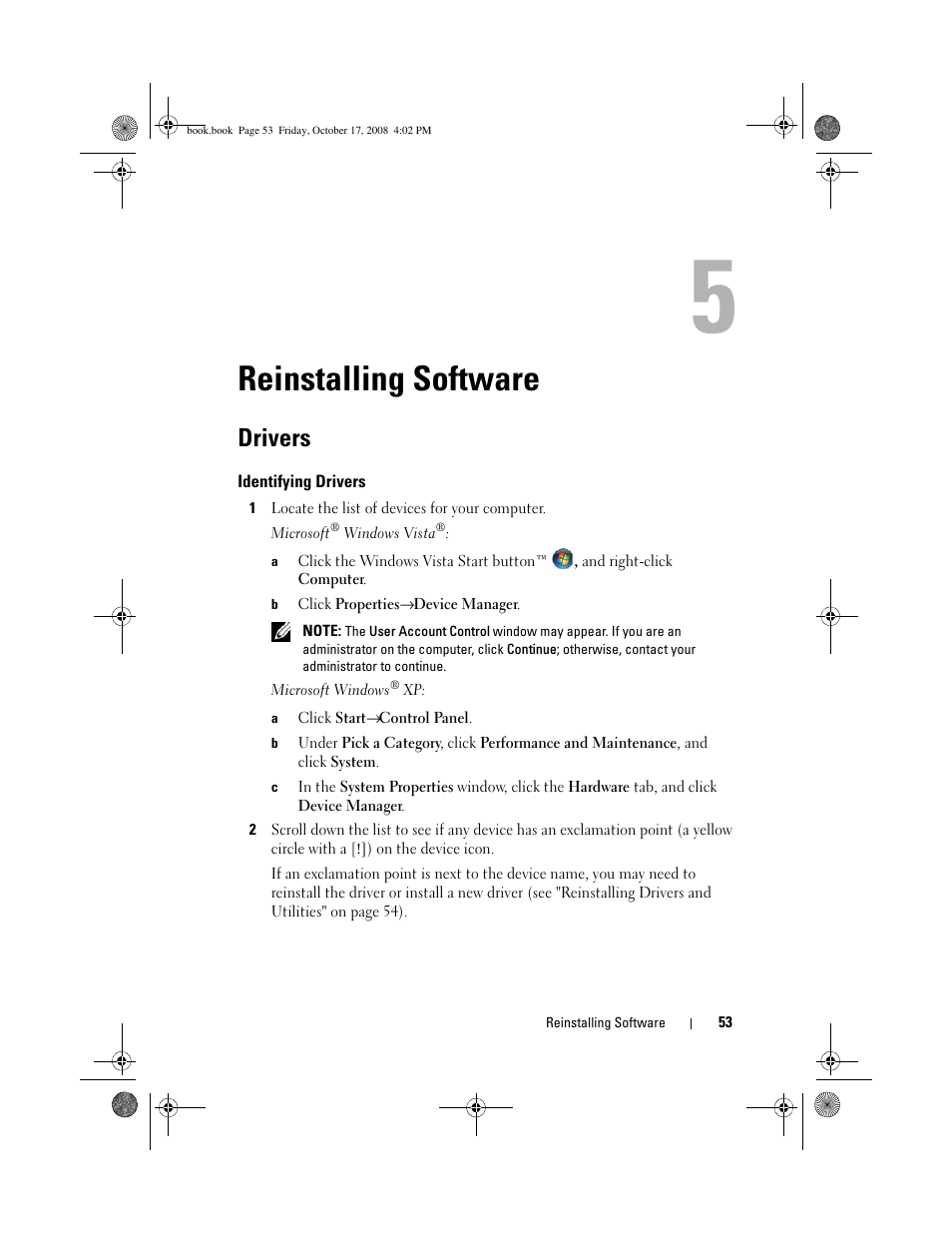 Reinstalling software, Drivers, Identifying drivers | Dell OptiPlex 760 User Manual | Page 53 / 76