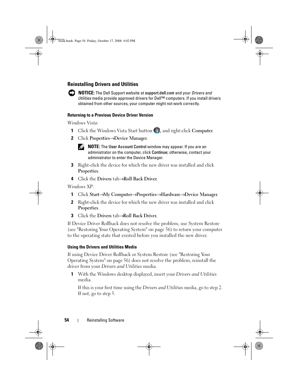 Reinstalling drivers and utilities | Dell OptiPlex 760 User Manual | Page 54 / 76