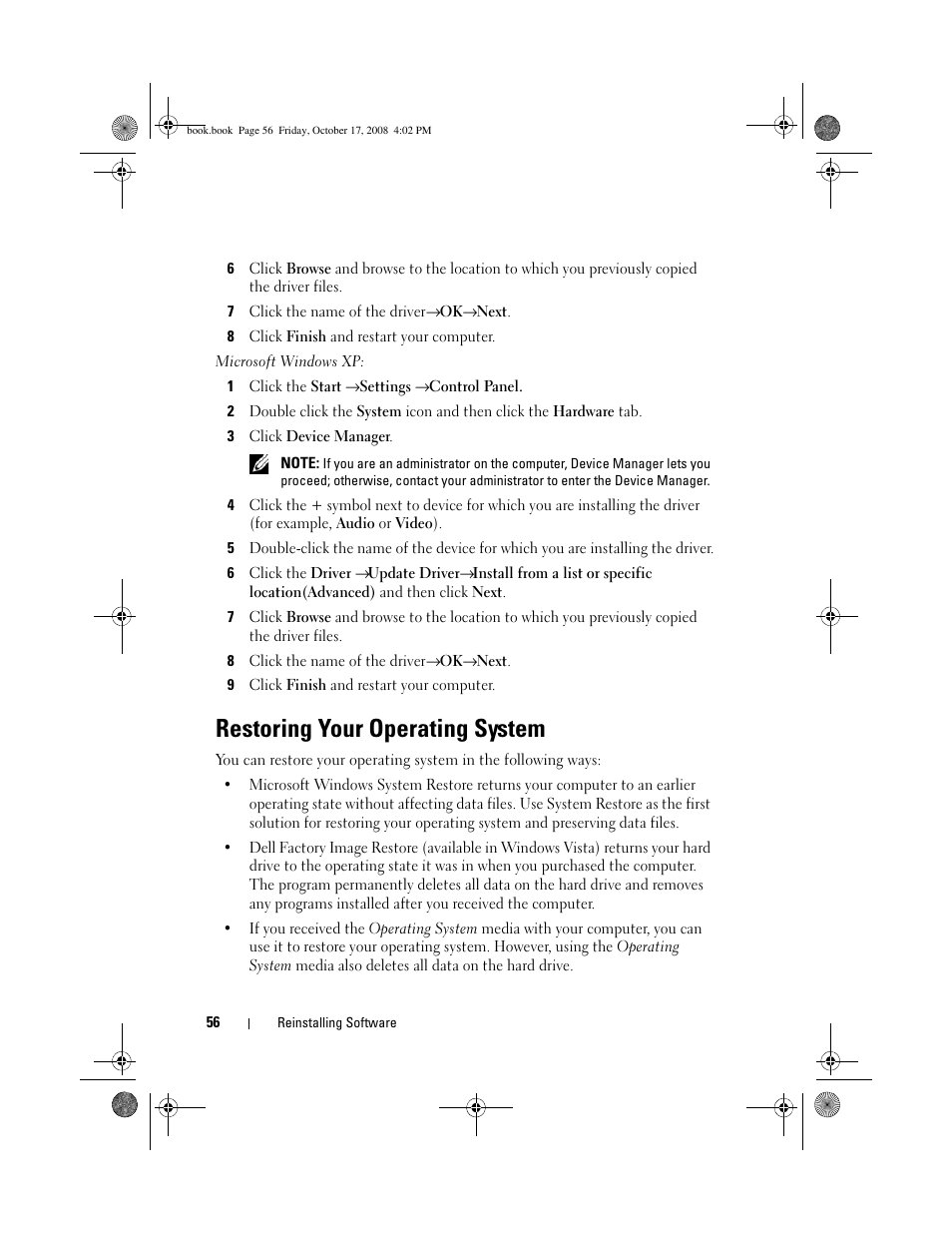 Restoring your operating system | Dell OptiPlex 760 User Manual | Page 56 / 76