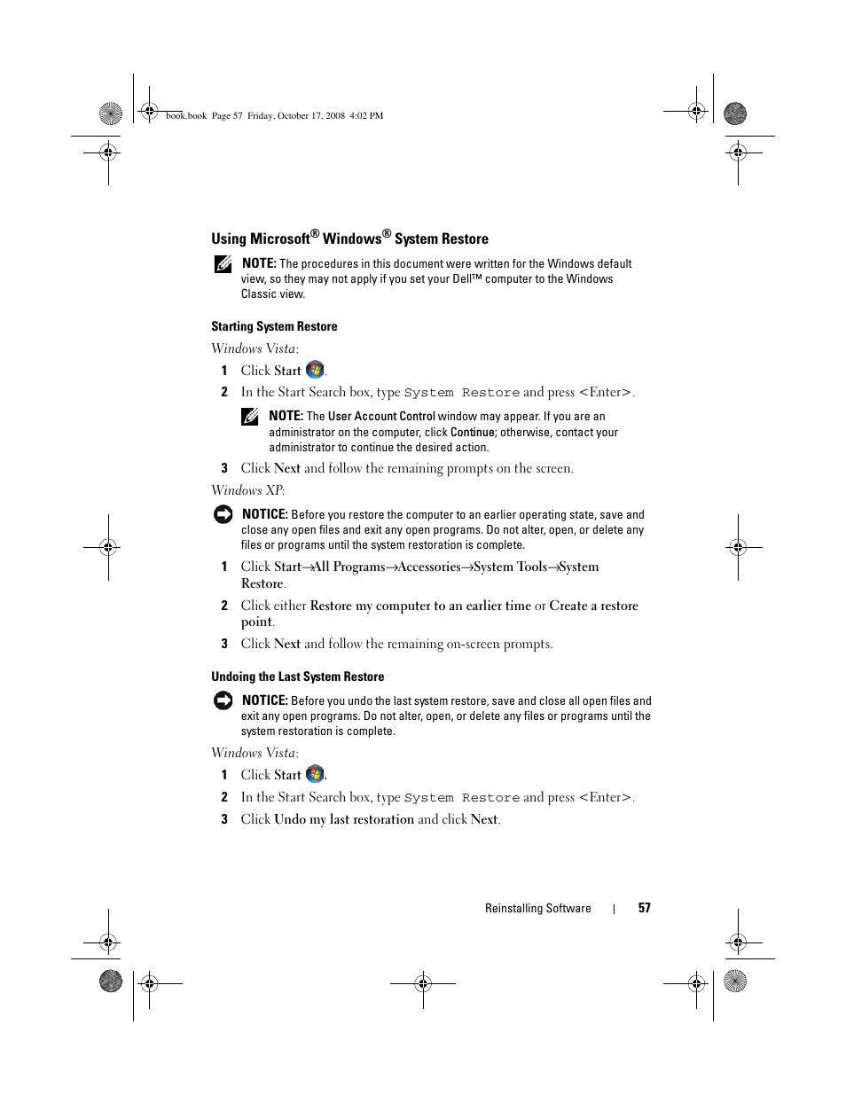 Using microsoft® windows® system restore, Using microsoft | Dell OptiPlex 760 User Manual | Page 57 / 76
