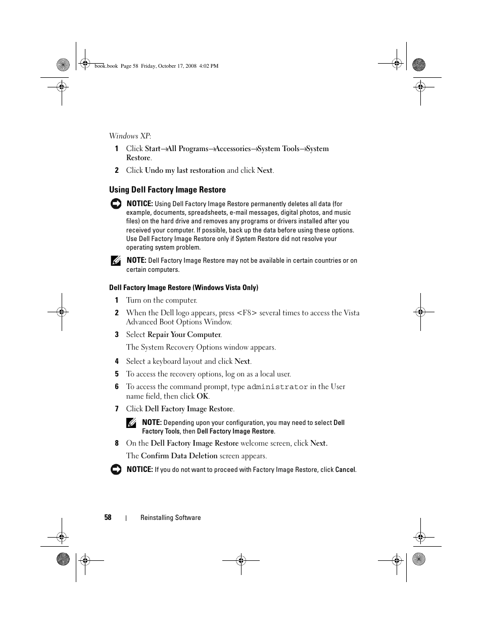 Using dell factory image restore | Dell OptiPlex 760 User Manual | Page 58 / 76