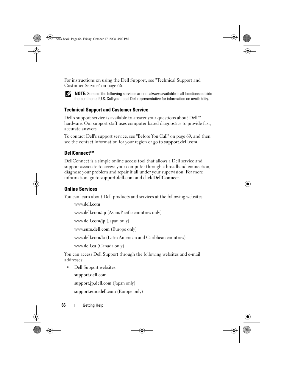 Technical support and customer service, Dellconnect, Online services | Dell OptiPlex 760 User Manual | Page 66 / 76