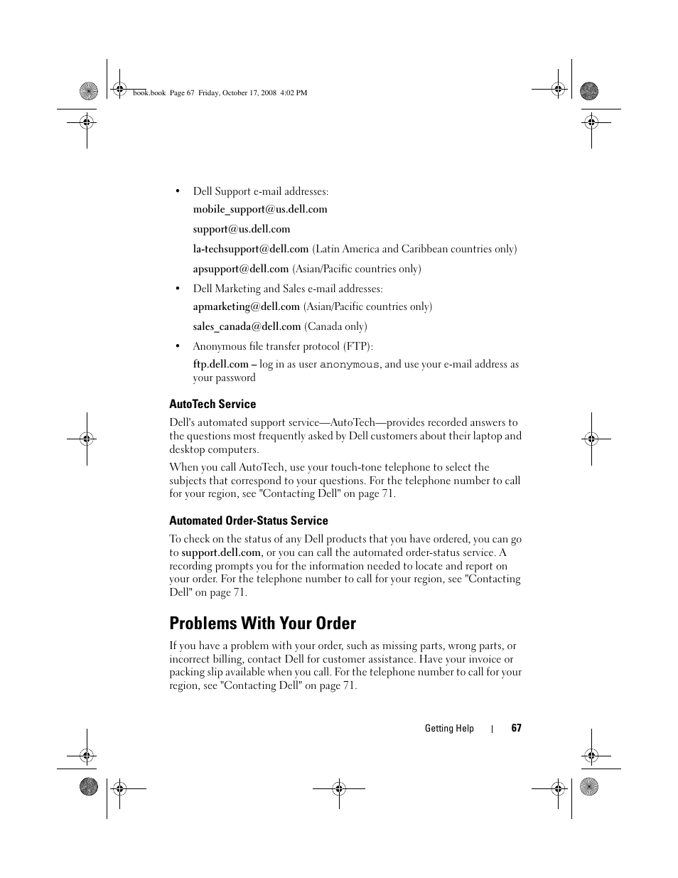 Autotech service, Automated order-status service, Problems with your order | Dell OptiPlex 760 User Manual | Page 67 / 76