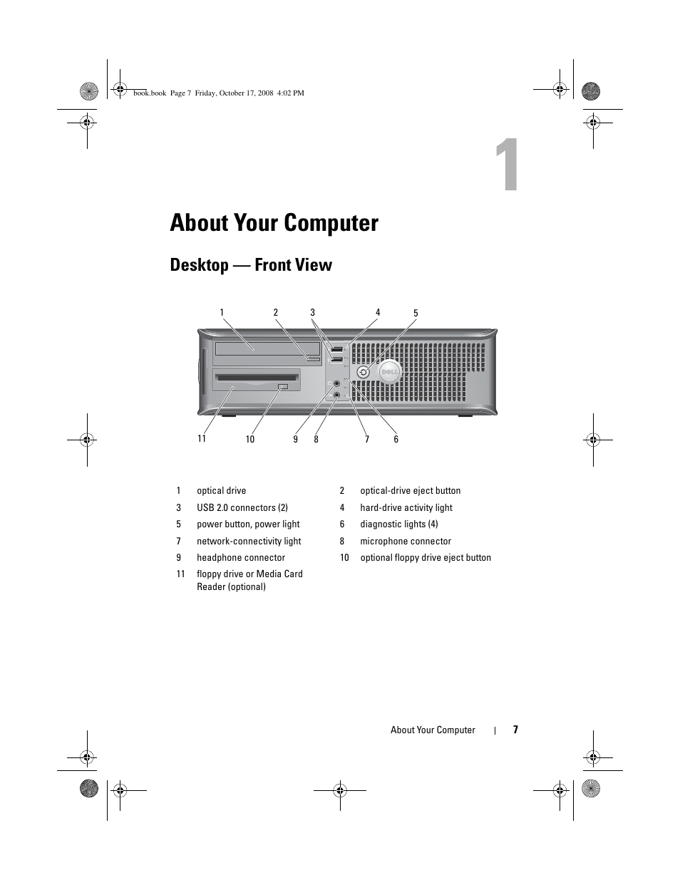 About your computer, Desktop - front view, Desktop — front view | Dell OptiPlex 760 User Manual | Page 7 / 76