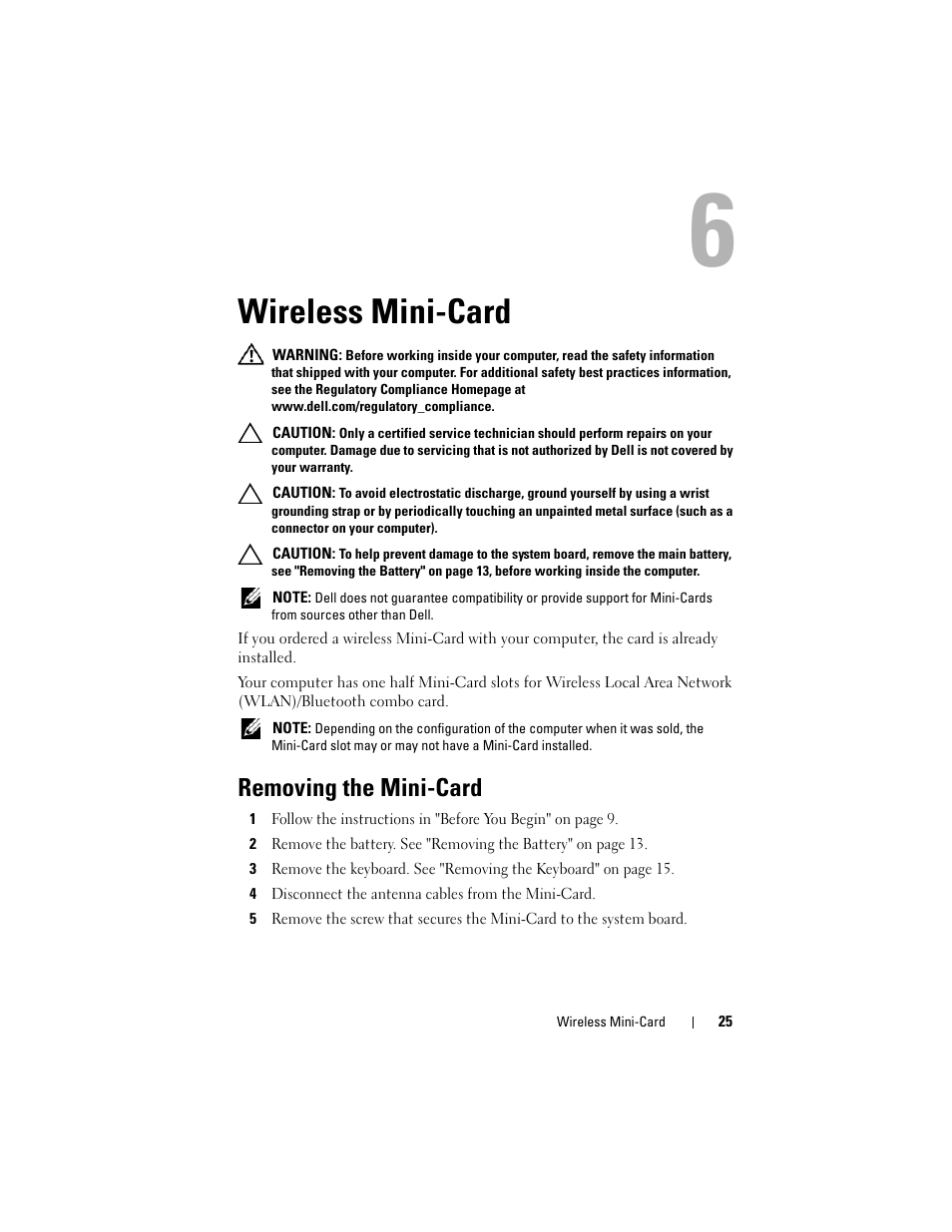 Wireless mini-card, Removing the mini-card, 4 disconnect the antenna cables from the mini-card | Dell Inspiron M5040 User Manual | Page 25 / 72