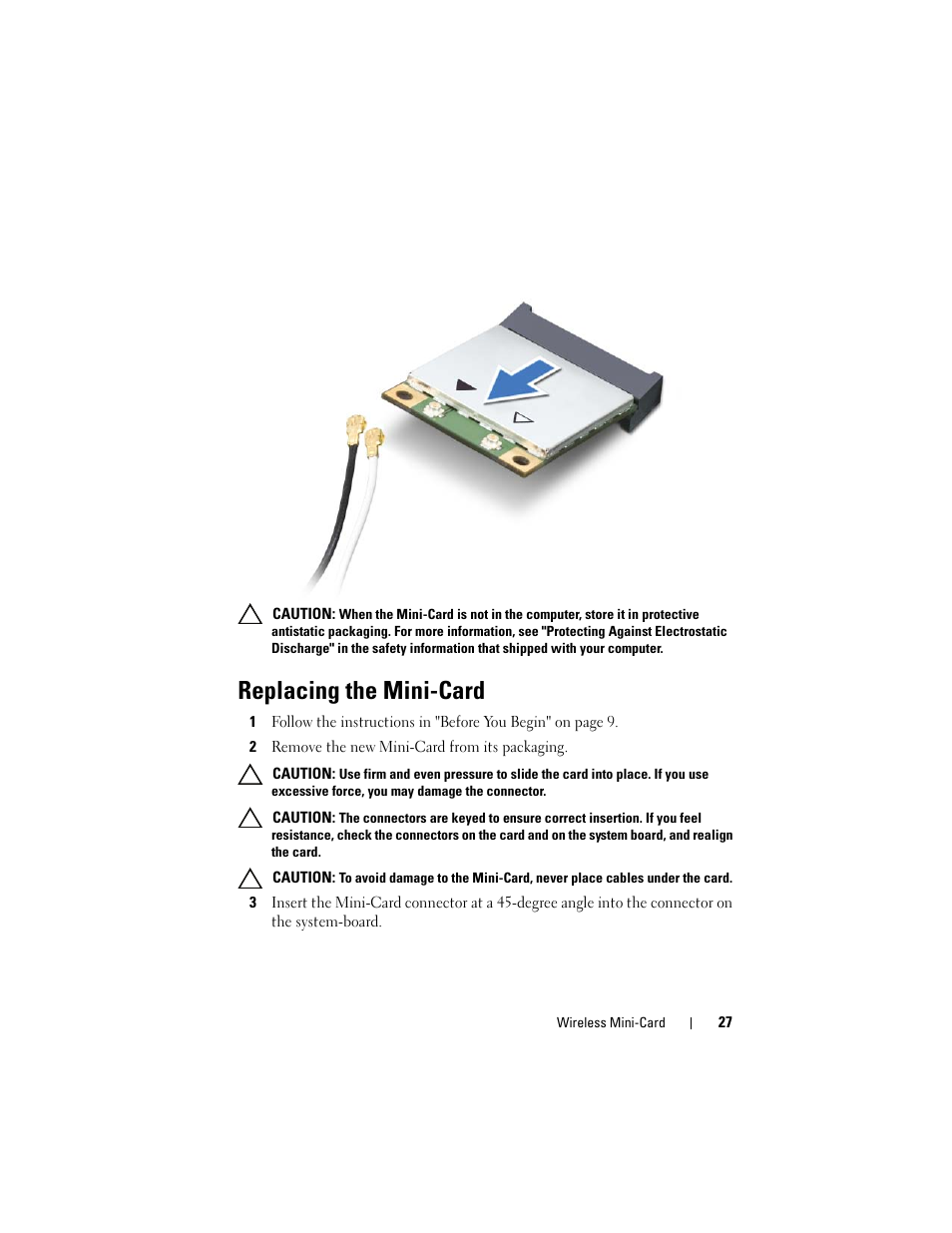 Replacing the mini-card, 2 remove the new mini-card from its packaging | Dell Inspiron M5040 User Manual | Page 27 / 72
