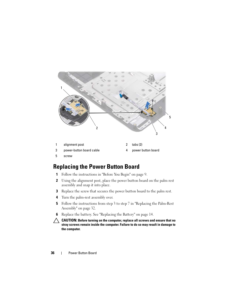 Replacing the power button board, 4 turn the palm-rest assembly over | Dell Inspiron M5040 User Manual | Page 36 / 72