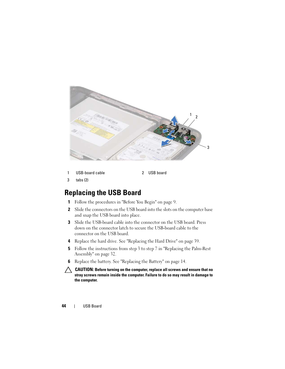 Replacing the usb board | Dell Inspiron M5040 User Manual | Page 44 / 72