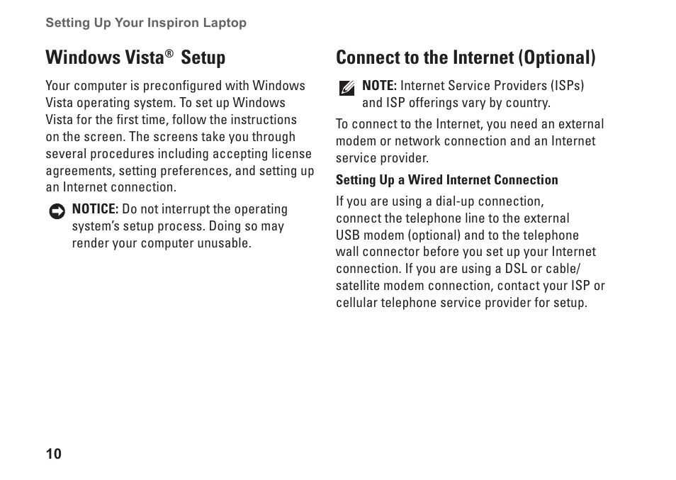 Windows vista® setup, Connect to the internet (optional), Windows vista | Setup | Dell Inspiron 1545 User Manual | Page 12 / 72