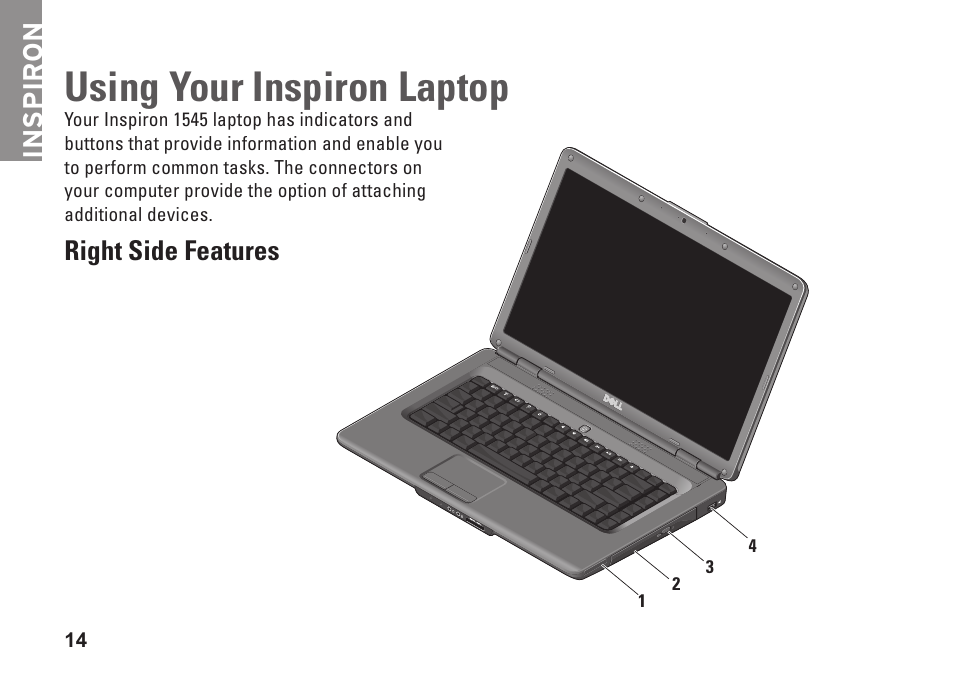 Using your inspiron laptop, Right side features, Inspiron | Dell Inspiron 1545 User Manual | Page 16 / 72