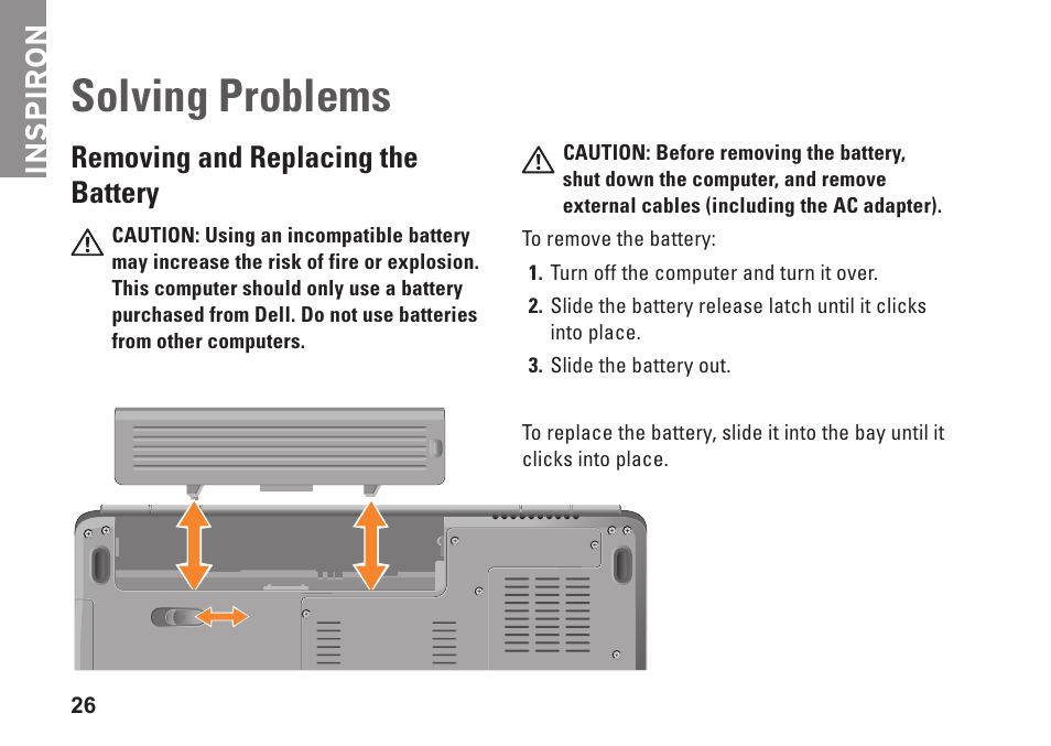 Solving problems, Removing and replacing the battery, Inspiron | Dell Inspiron 1545 User Manual | Page 28 / 72