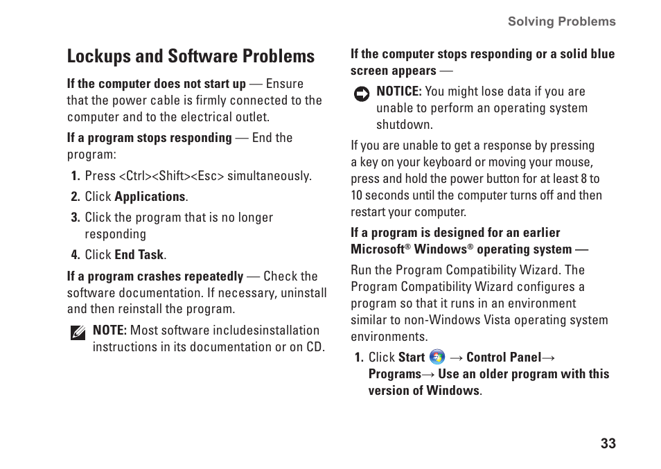 Lockups and software problems | Dell Inspiron 1545 User Manual | Page 35 / 72