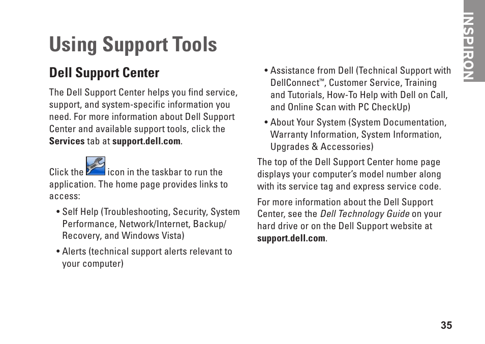 Using support tools, Dell support center, Inspiron dell support center | Dell Inspiron 1545 User Manual | Page 37 / 72