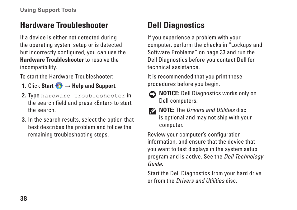 Hardware troubleshooter, Dell diagnostics, Hardware troubleshooter dell diagnostics | Dell Inspiron 1545 User Manual | Page 40 / 72