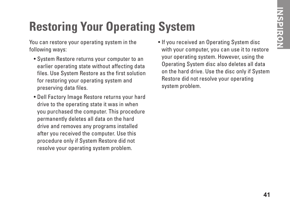 Restoring your operating system, Inspiron | Dell Inspiron 1545 User Manual | Page 43 / 72