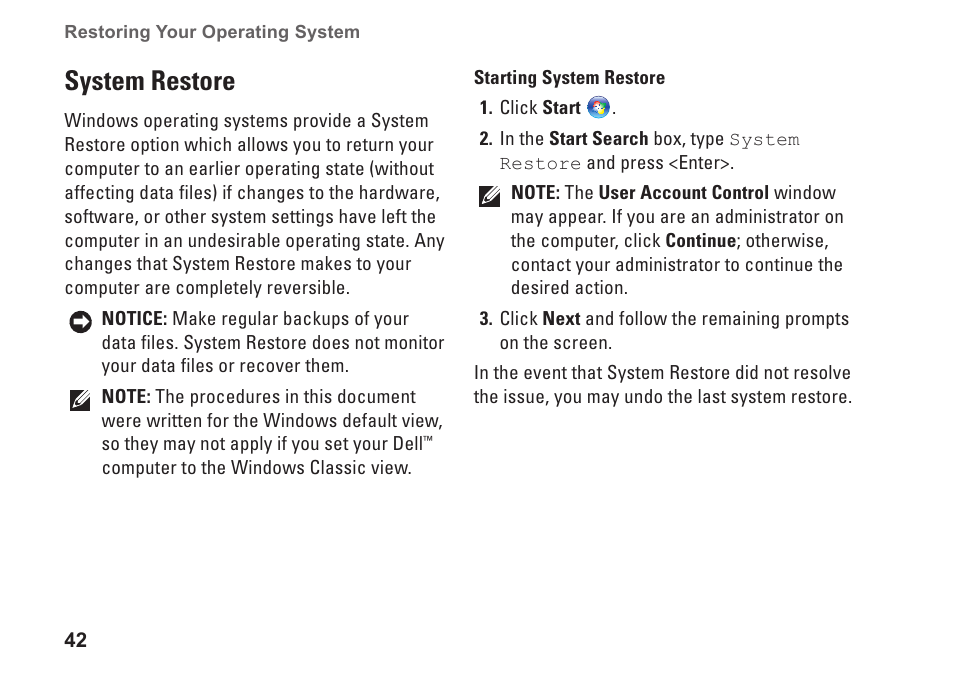 System restore | Dell Inspiron 1545 User Manual | Page 44 / 72