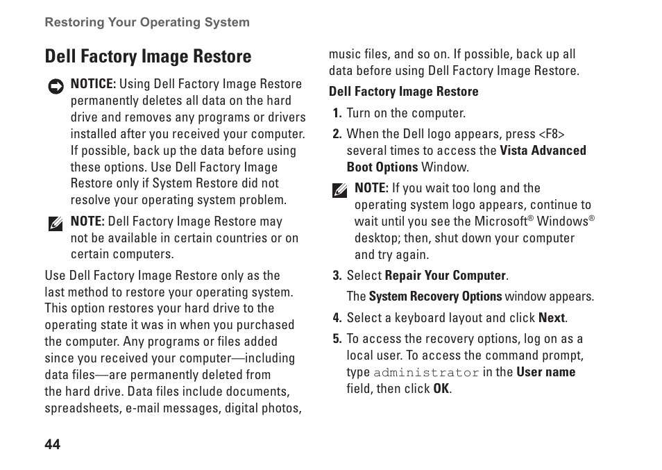 Dell factory image restore | Dell Inspiron 1545 User Manual | Page 46 / 72