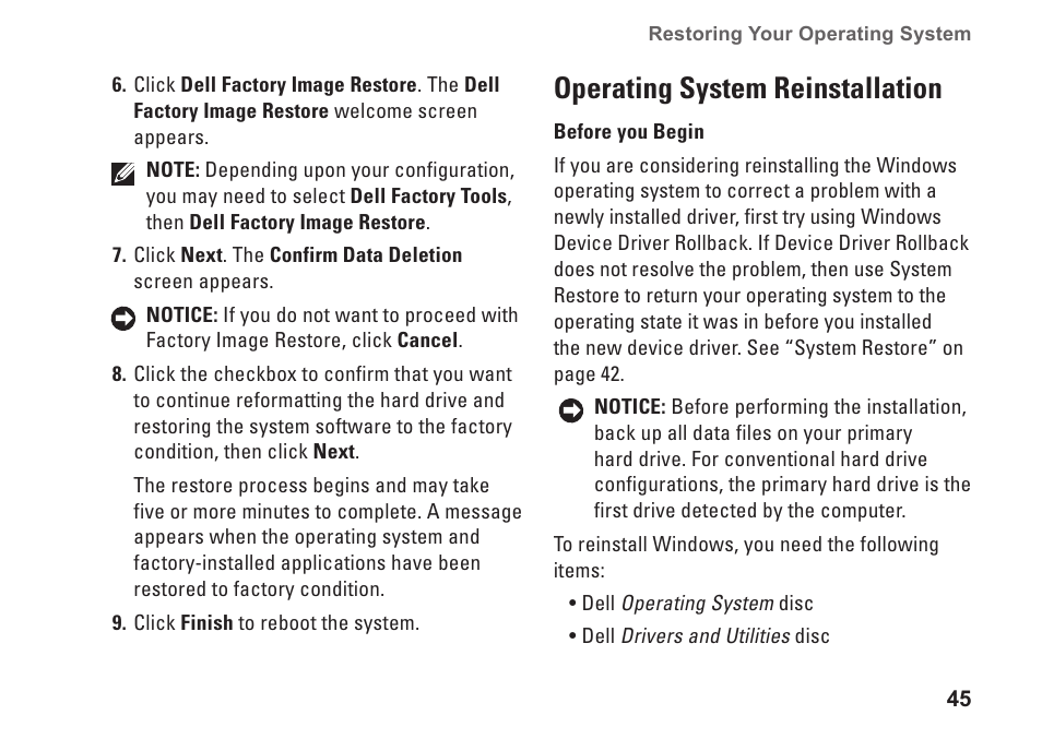 Operating system reinstallation | Dell Inspiron 1545 User Manual | Page 47 / 72