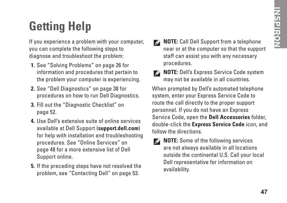 Getting help, Inspiron | Dell Inspiron 1545 User Manual | Page 49 / 72