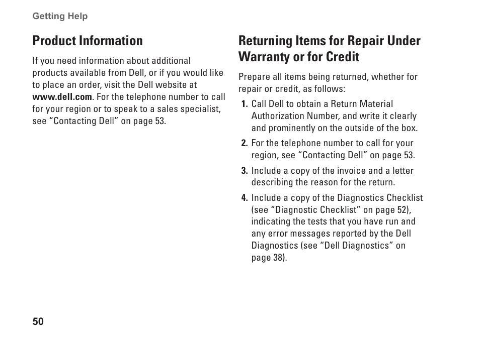 Product information, Warranty or for credit | Dell Inspiron 1545 User Manual | Page 52 / 72