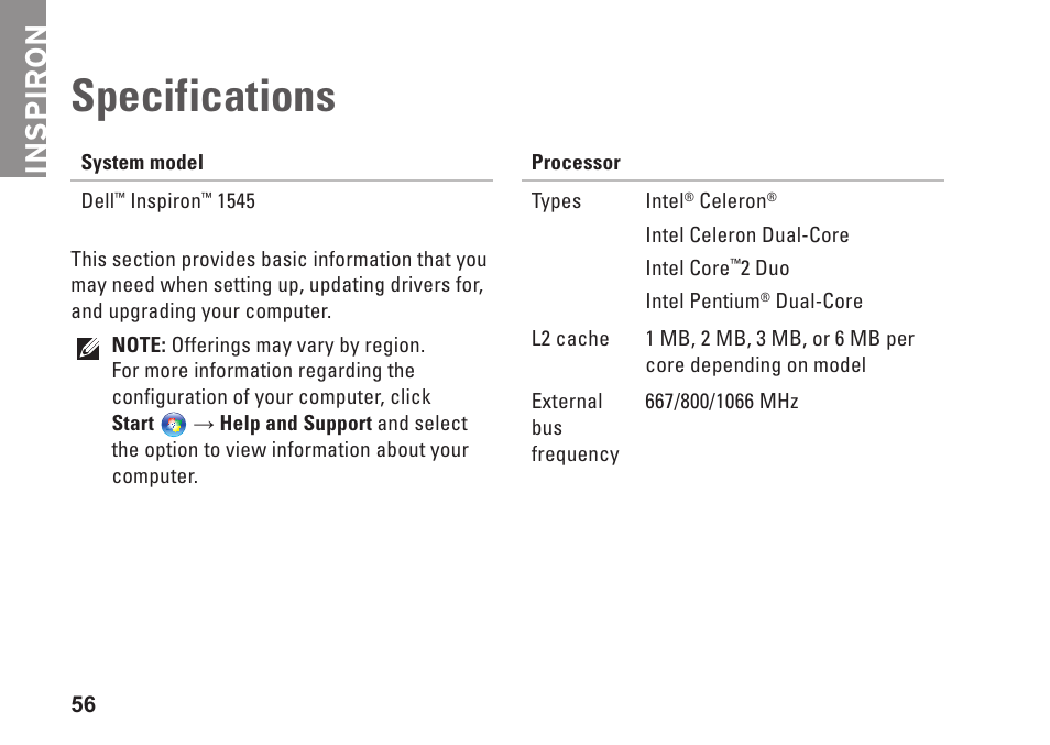 Specifications, Inspiron | Dell Inspiron 1545 User Manual | Page 58 / 72