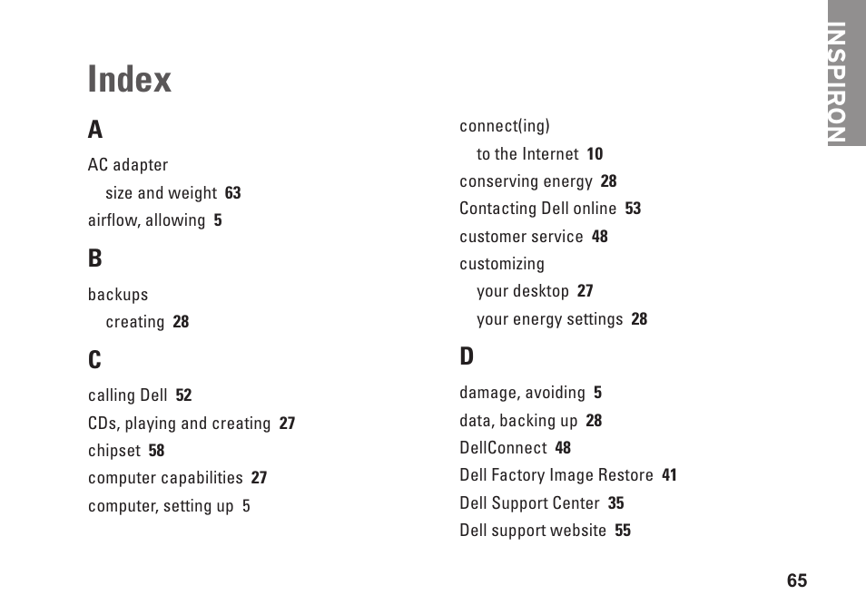 Index, Inspiron a | Dell Inspiron 1545 User Manual | Page 67 / 72