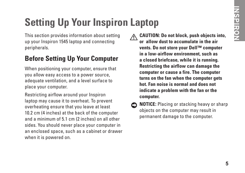 Setting up your inspiron laptop, Before setting up your computer, Inspiron | Dell Inspiron 1545 User Manual | Page 7 / 72