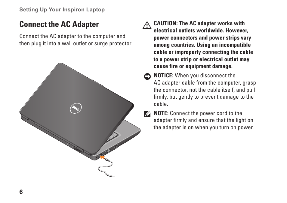 Connect the ac adapter | Dell Inspiron 1545 User Manual | Page 8 / 72