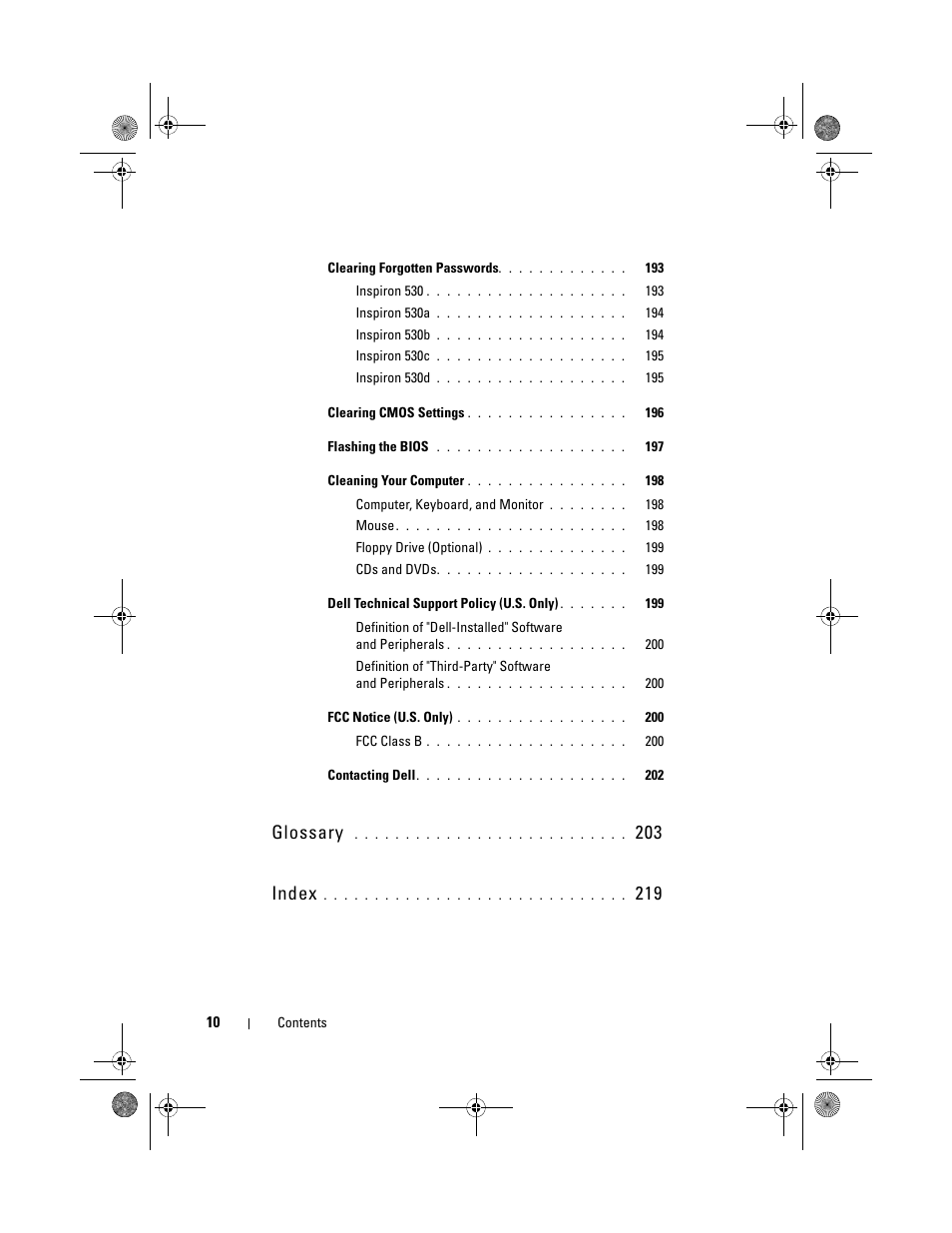 Glossary 203, Index 219, Glossary | 203 index | Dell Inspiron 530 User Manual | Page 10 / 226